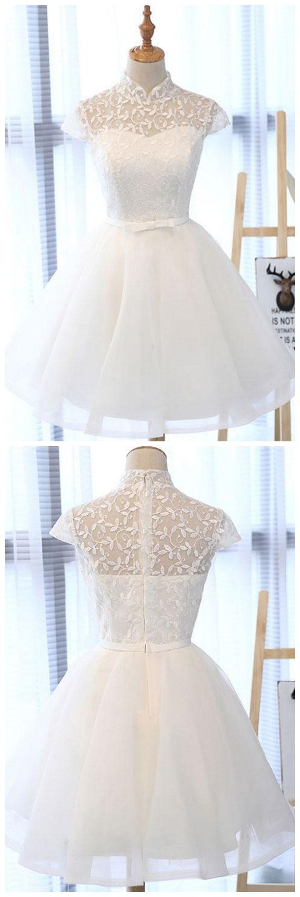 White Lace Short Prom Dress, White Homecoming Dress      S2959