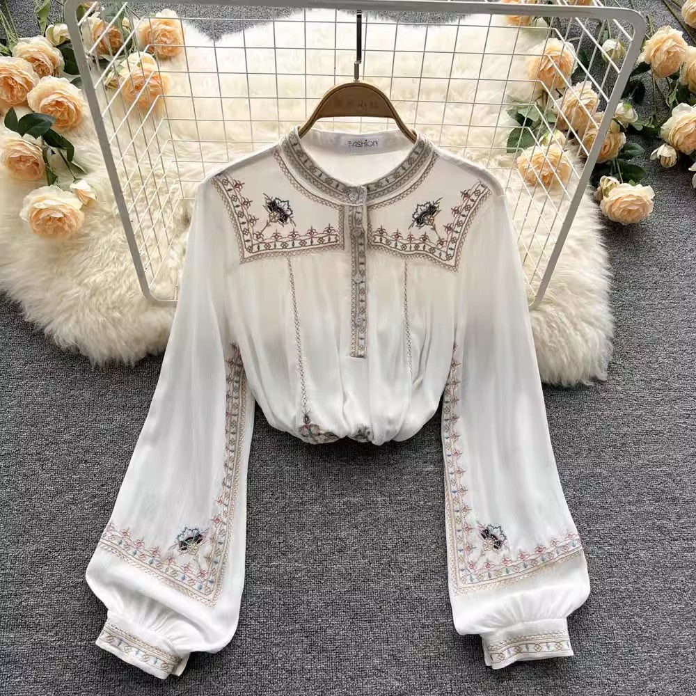 embroidery chiffon top women's design shirt    S4559