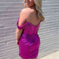 Fitted Off the Shoulder Fuchsia Sequined Mini Homecoming Dress       S2895