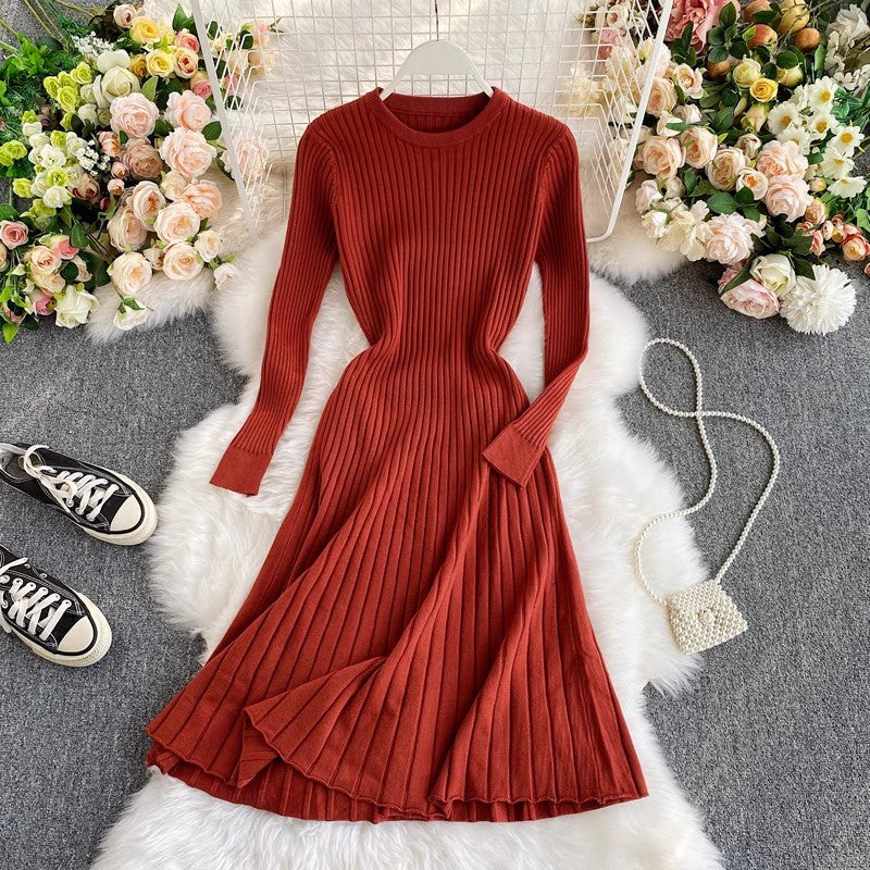 round neck knee-length knitted dress women's mid-length A-line sweater dress      S3942