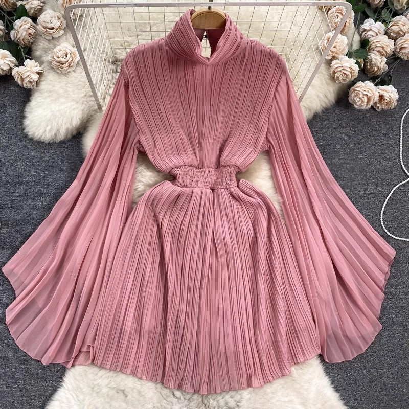 pleated bell-sleeved high-neck dress for women chiffon skirt      S4489