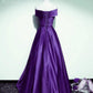 Off Shoulder A-line Purple Satin Long Party Dresses        S3538