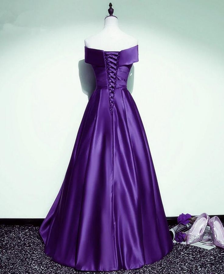 Off Shoulder A-line Purple Satin Long Party Dresses        S3538