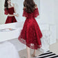 Dark Red Lace High Low Off Shoulder Wedding Party Dress, Lace Short Prom Dress Homecoming Dress     S2948