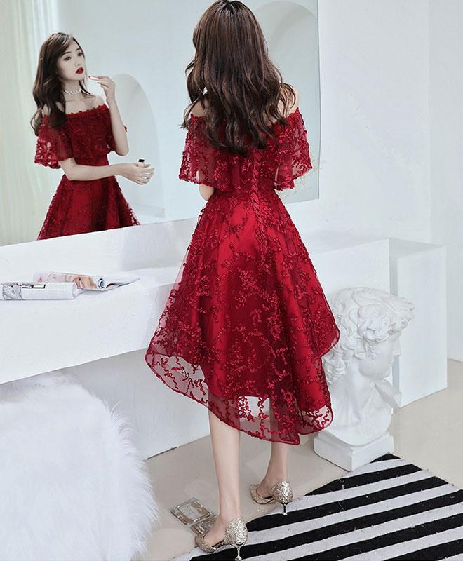 Dark Red Lace High Low Off Shoulder Wedding Party Dress, Lace Short Prom Dress Homecoming Dress     S2948