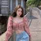 Fashion Floral Chiffon Women's Shirt Sweet Square Neck Puff Sleeve Crop Tops Lace Up Long Sleeve Blouse Woman      S2828