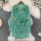 fashionable long-sleeved sequined V-neck A-line dress       S3960