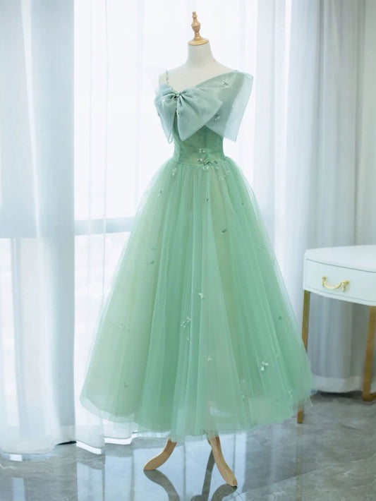 Simple Green Tulle Tea Length Prom Dress, Green Tulle Homecoming Dresses      S2689