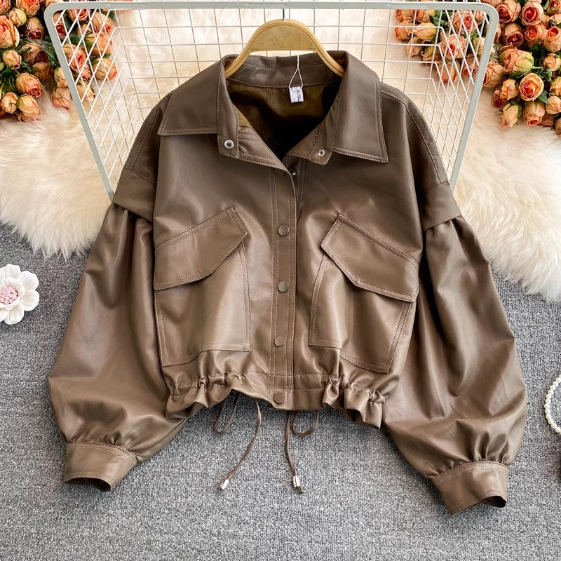 Leather Jacket Women's Long Sleeve Casual Short Jacket     S4021