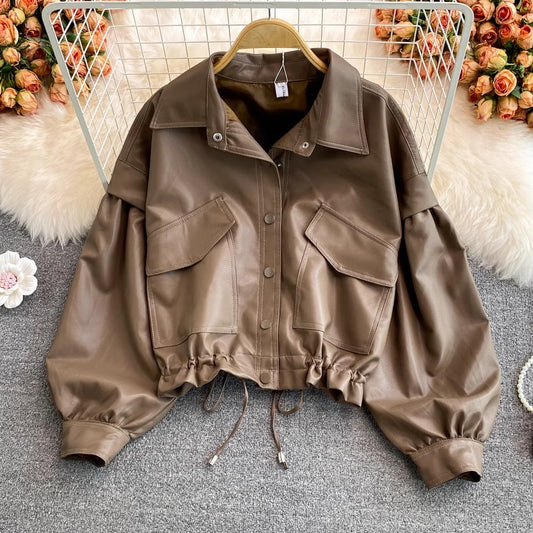 Leather Jacket Women's Long Sleeve Casual Short Jacket     S4021