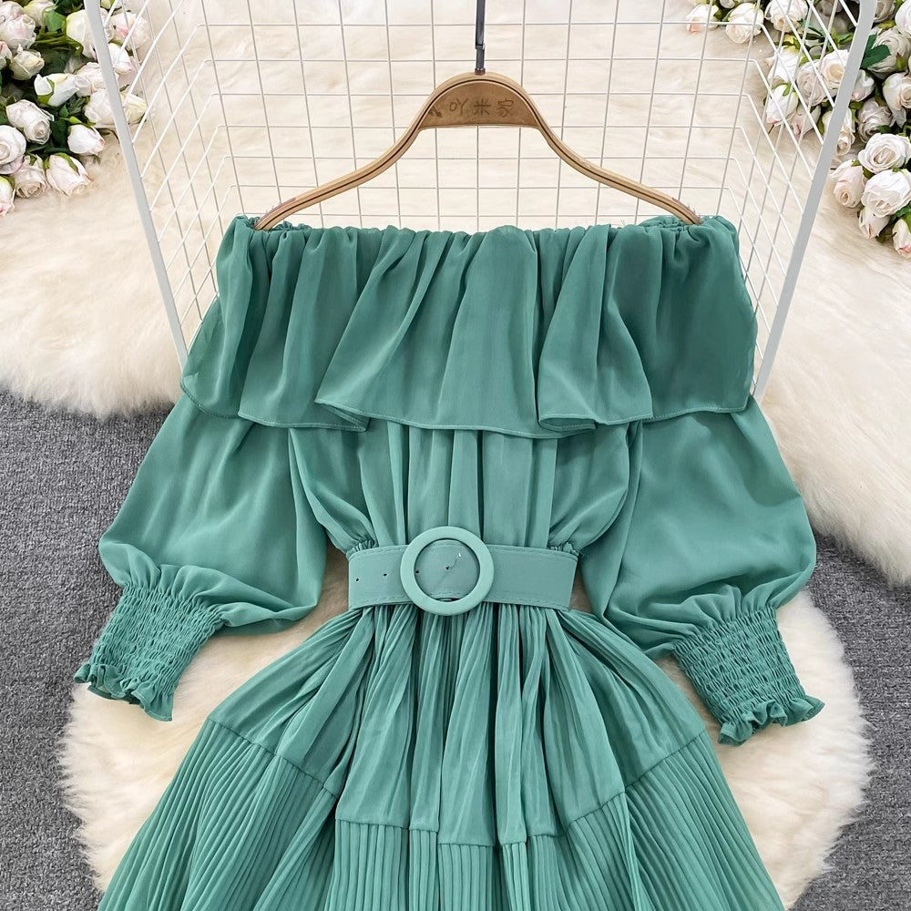 off-shoulder ruffled A-line pleated dress elegant long skirt    S4426