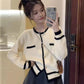 New French-style small fragrant knitted cardigan niche design sense ladies sweater coat round neck contrast color top     S3380