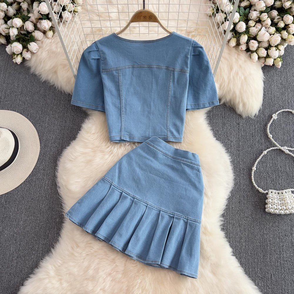 Fashion suit for women hot girl square neck puff short-sleeved denim shirt two-piece set       S4100