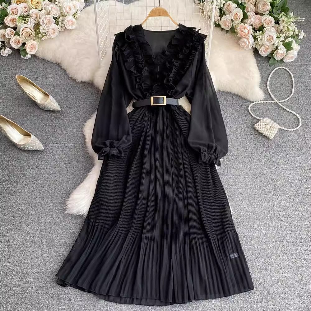 V-neck ruffled puff long-sleeved A-line pleated dress      S4301