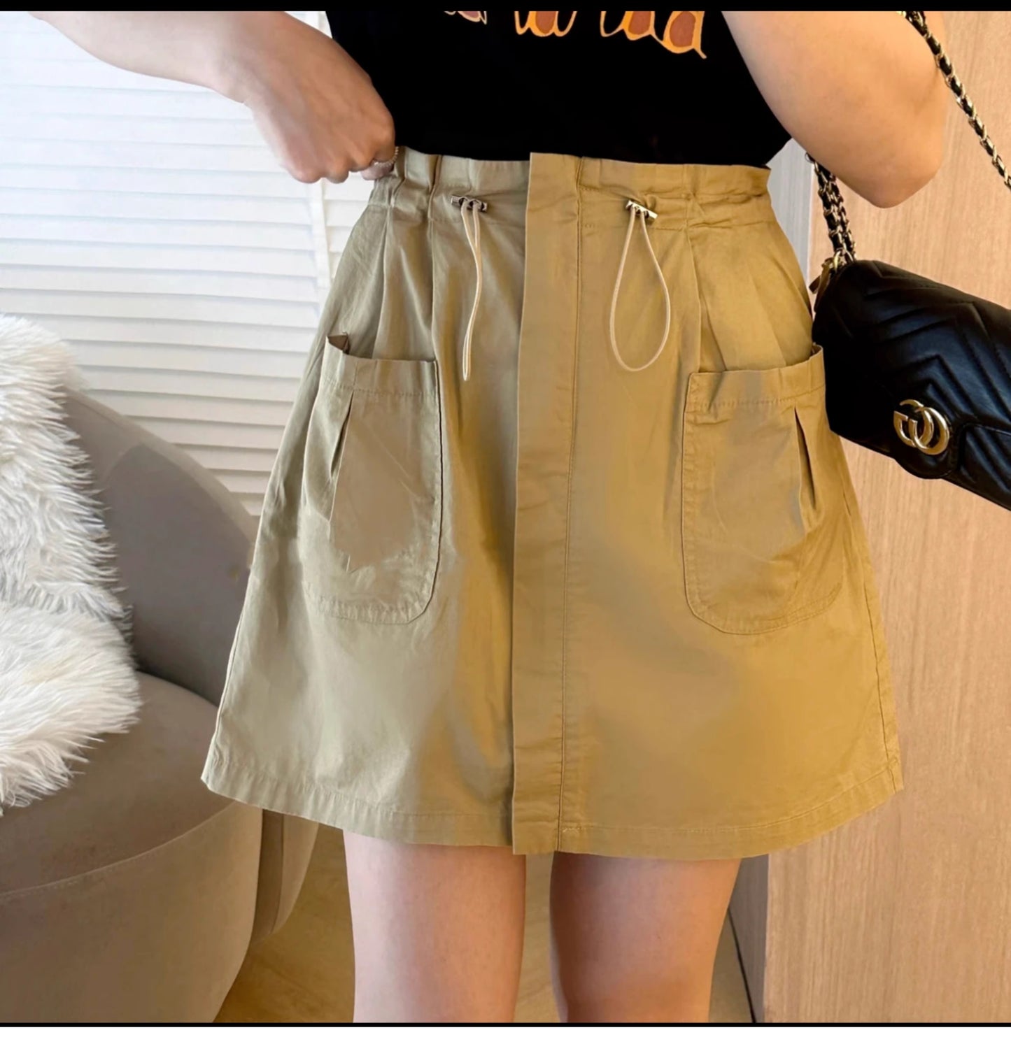 Women's Summer New Drawstring Elastic High Waist Big Pocket Skirt     S3414