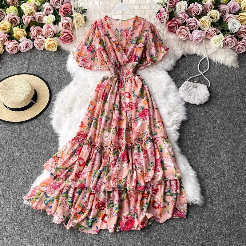 V-neck floral dress bohemian long skirt       S4179