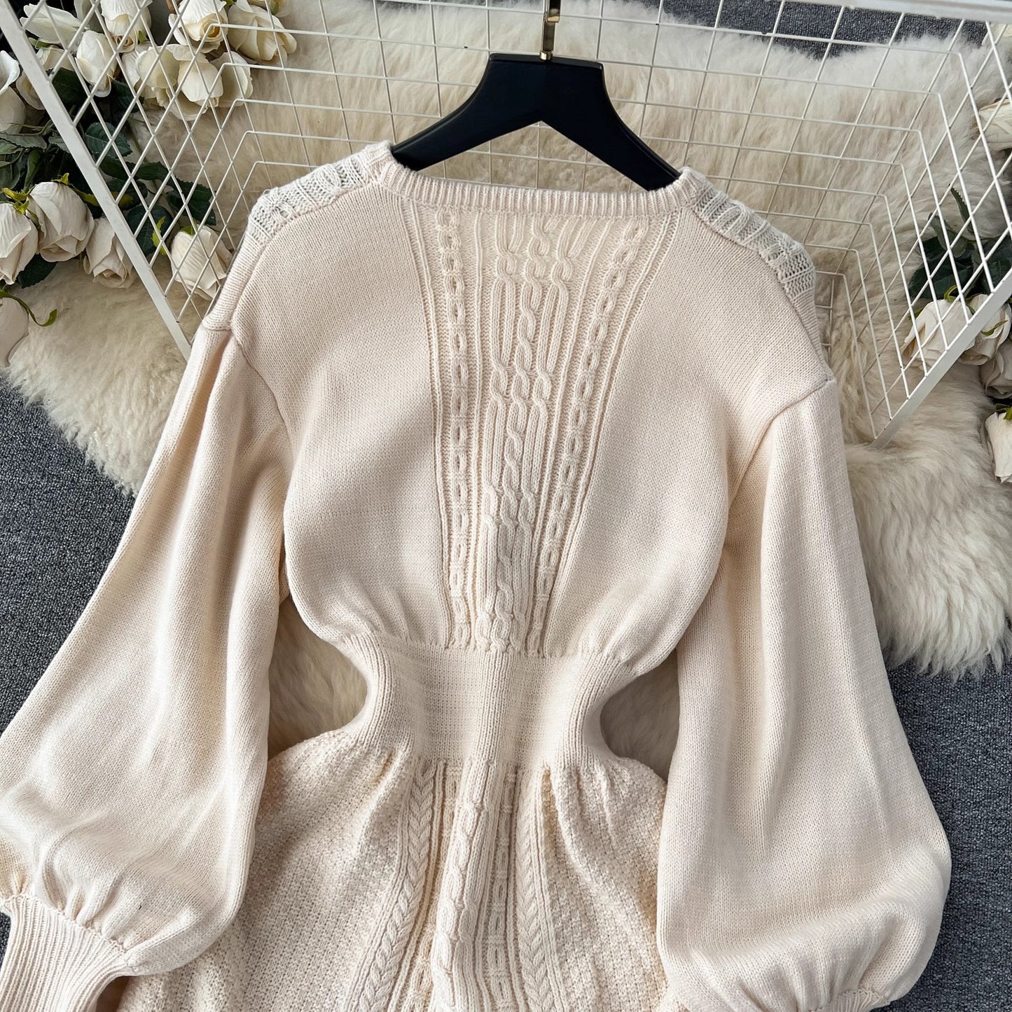 sweater round nec mid-length puff sleeve knitted dress     S4507