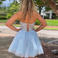 Blue A-line Lace Short Prom Dress, Blue Cute Homecoming Dress     S2935