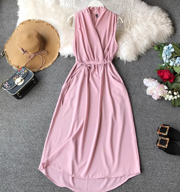 Sleeveless dress for women chiffon mid-length V-neck solid color simple     S4350