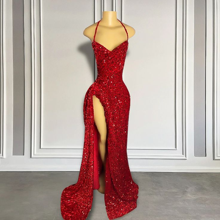 Sexy High Slit Halter Sleeveless Sparkly Red Sequined Long Prom Dresses for Black Girls     S3641