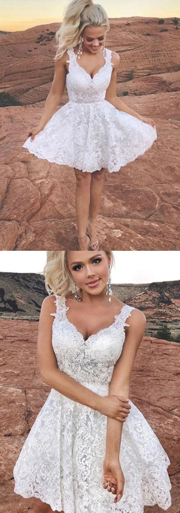 Cute V Homecoming Dresses Teagan Neck Short White Lace       S3124