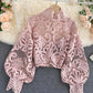 Stylish hollow lace top puff sleeve top     S2537