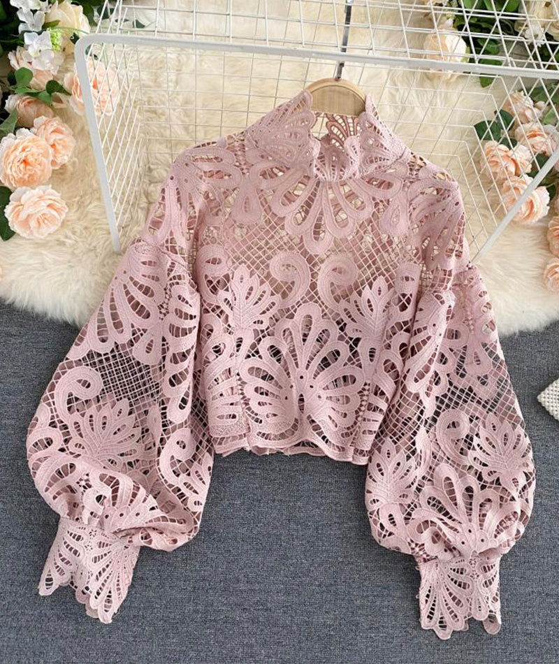 Stylish hollow lace top puff sleeve top     S2537