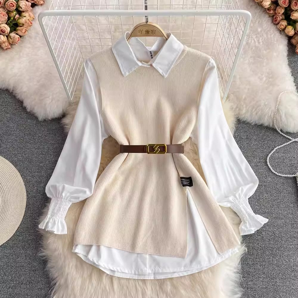 lantern sleeve white shirt sweater two-piece set    S3978