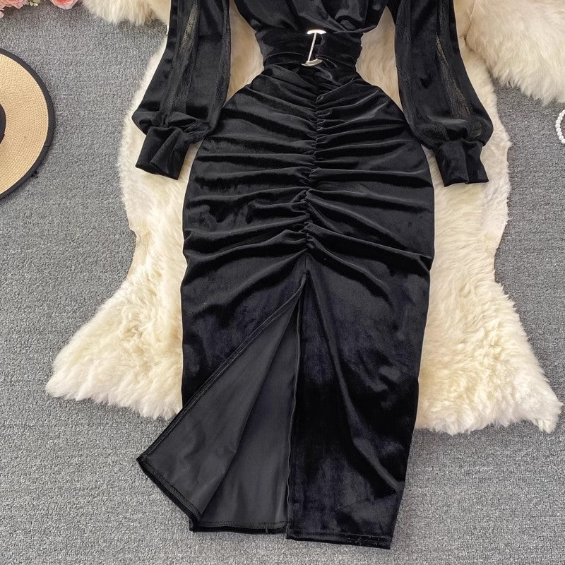 Sexy V-neck Pleated Mesh Velvet Slit Dress     S4255