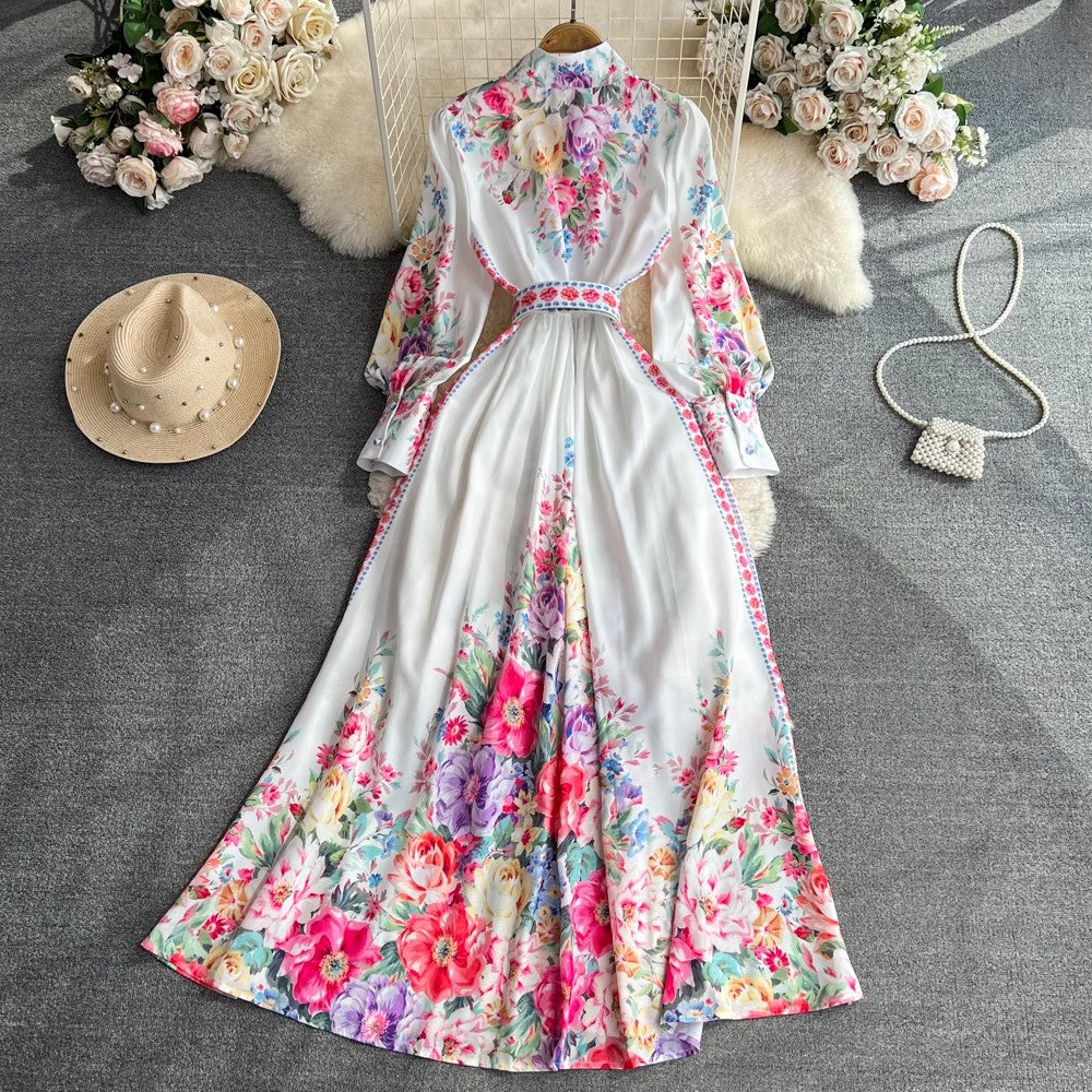 Retro lantern sleeves a-line printed dress elegant dress long skirt      S3935