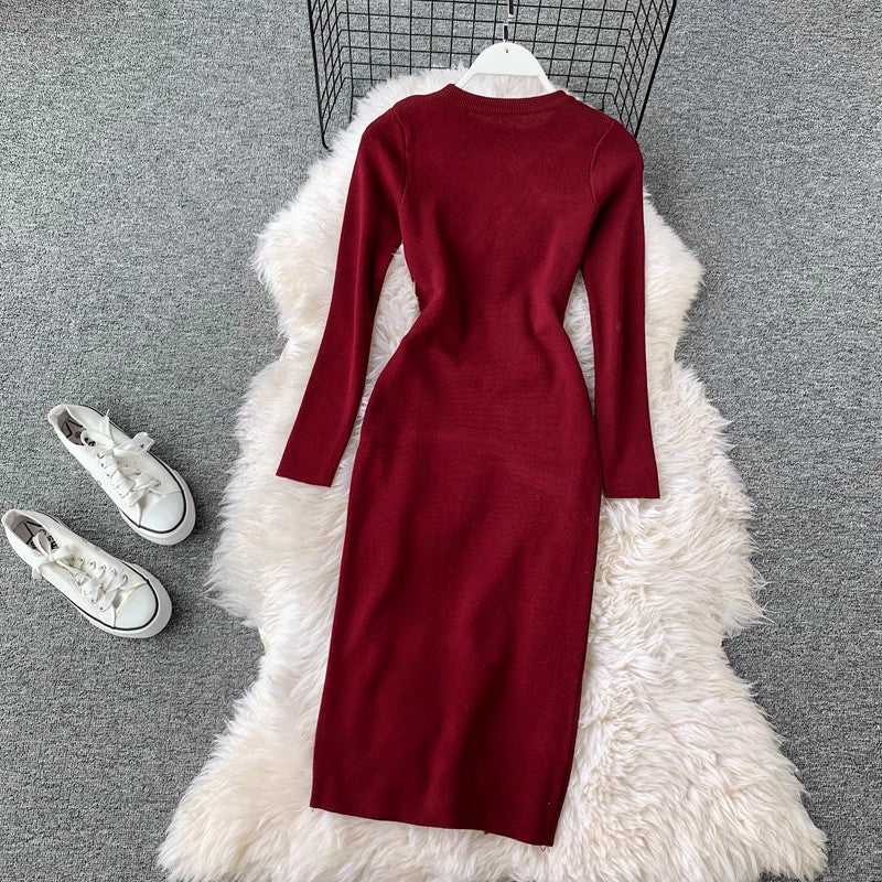 design knitted skirt round neck long sleeves irregular zipper solid color dress for women      S4237