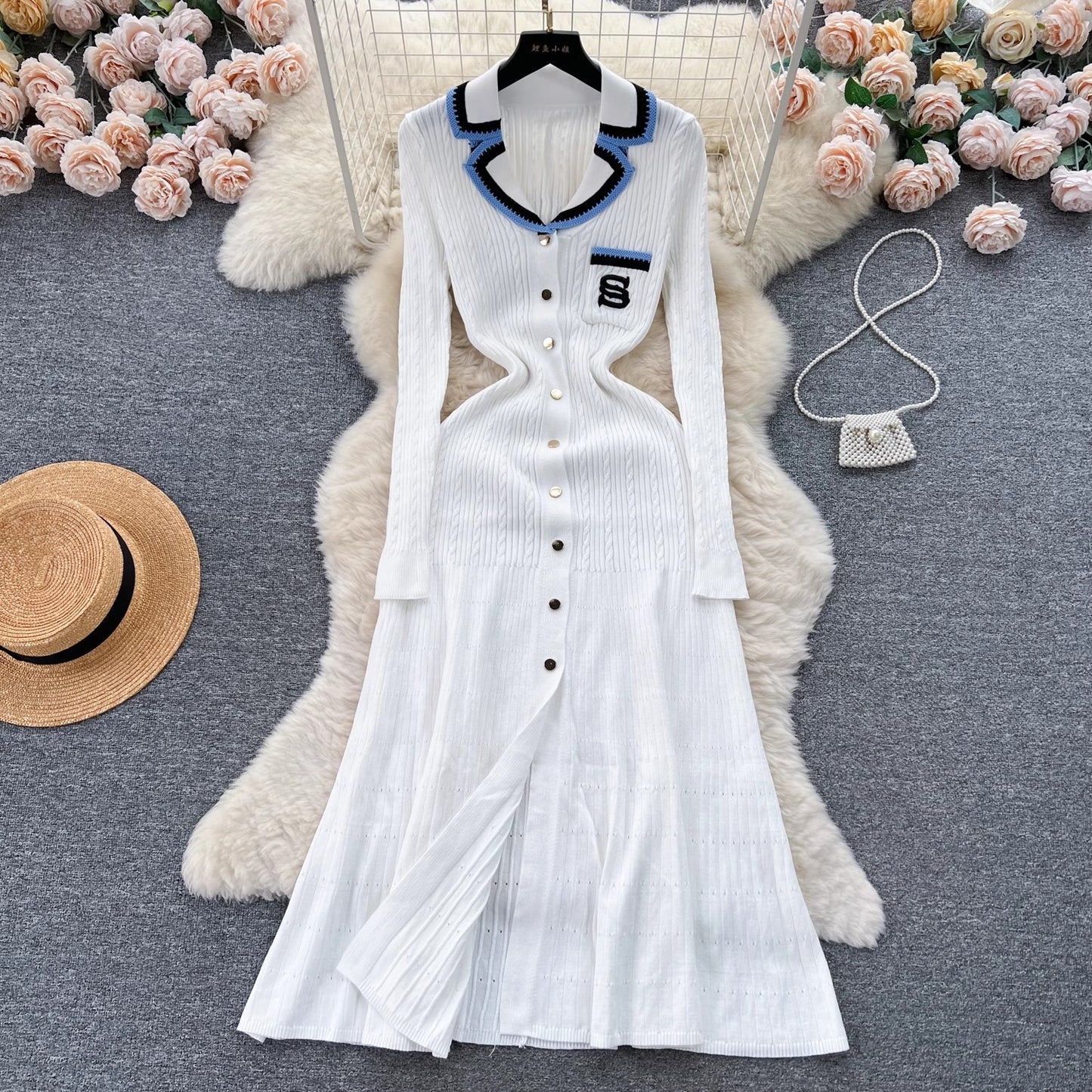 knitted dress women embroidered sweater long skirt     S4519