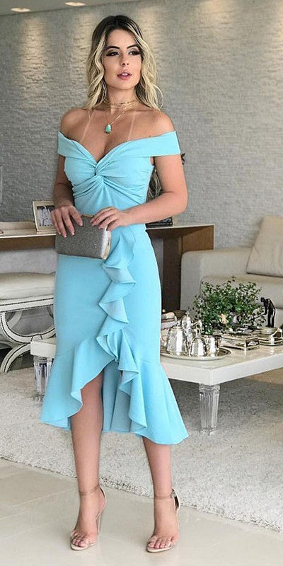 Cute Party Gown Prom Dresses Off The Shoulder Blue DRess S3658