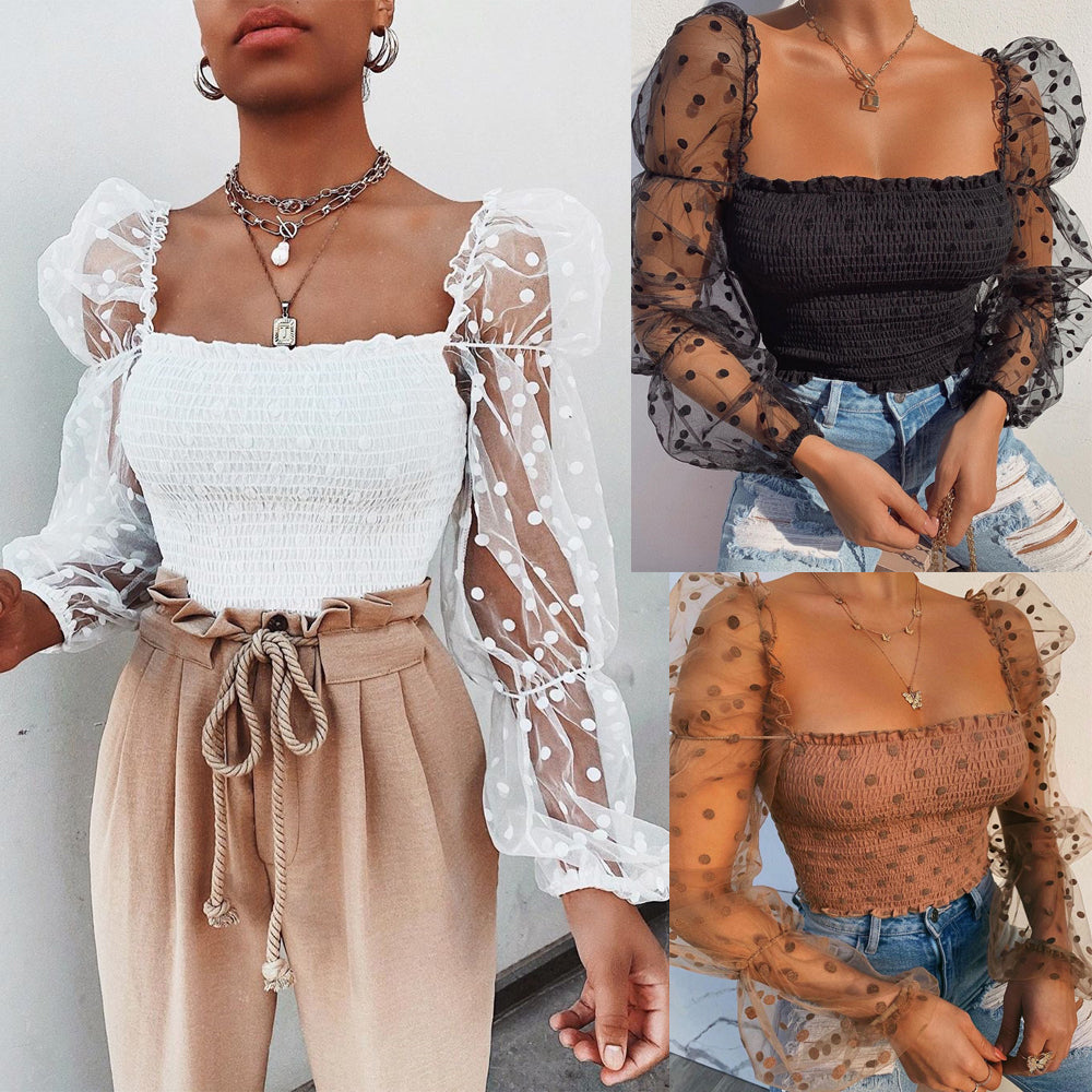 Women Mesh Sheer Blouse Chiffon See-through Long Sleeve Top Shirt Blouse Fashion Organza Shirt     S2506