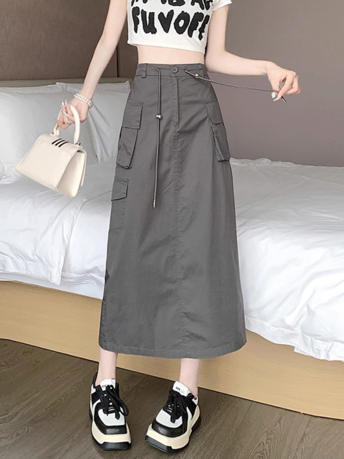 workwear skirt for women summer new mid-length high-waist drawstring a-line long skirt    S3416