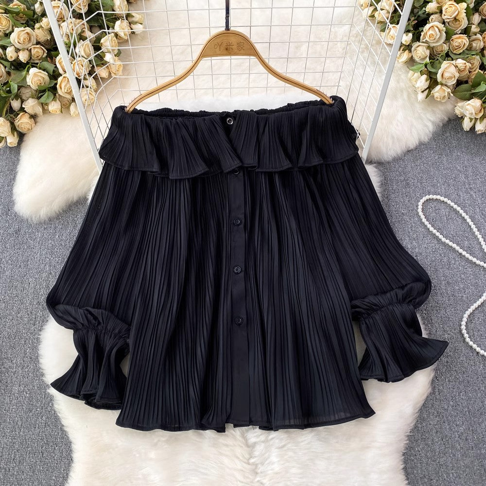 design ruffled shirt for women new pleated long-sleeved top     S4211