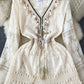 High-grade Party Dress, Hook Flower V-neck Dress ，fringe Fairy Dress, Long-sleeved Dress, Lace Dress      S4476