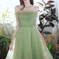 Off the Shoulder Green Tulle Short Sleeves Party Dress    S3116