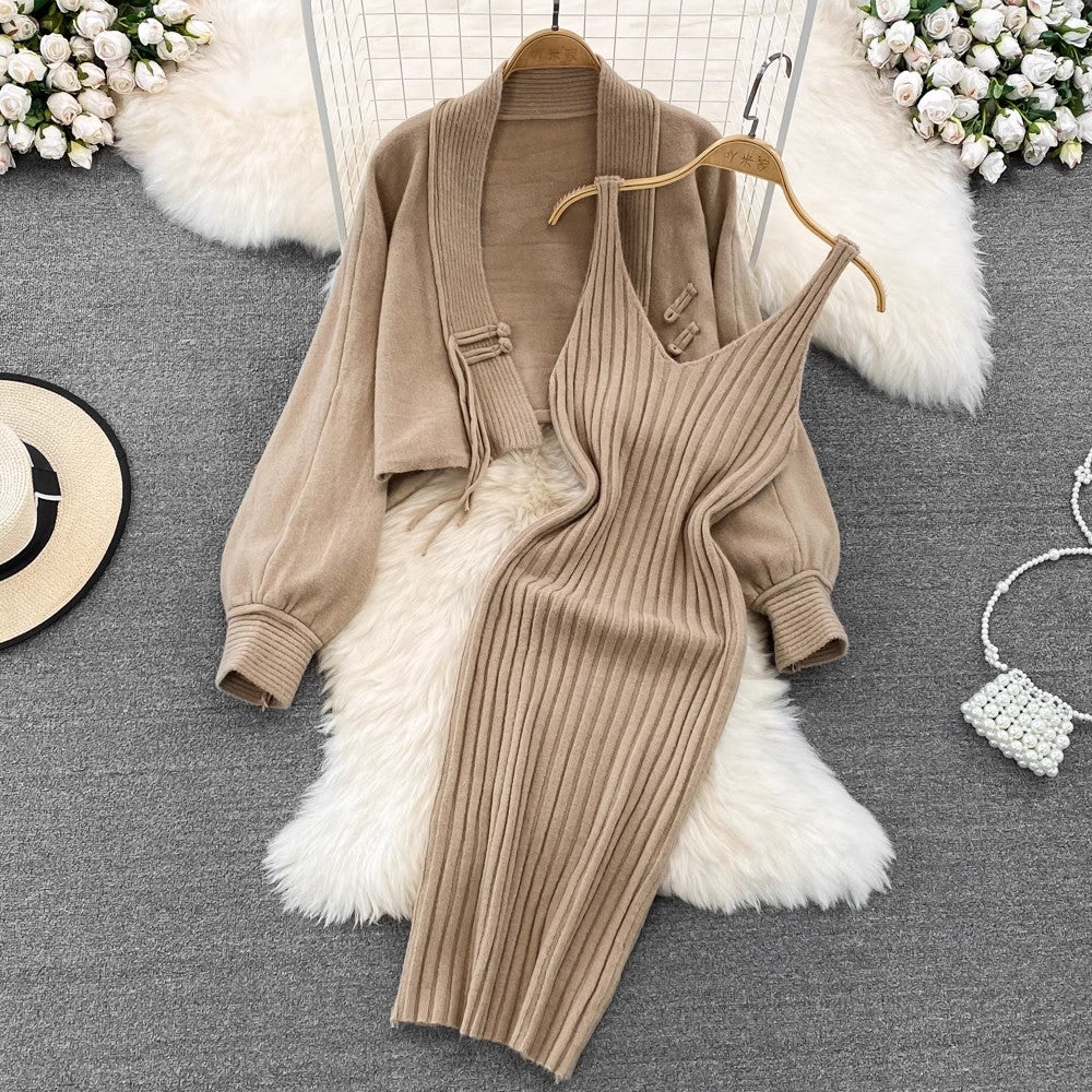 knitted shawl jacket two-piece set for women V-neck suspender dress       S4119