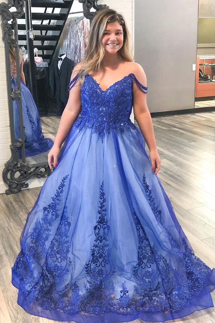 Blue Off the Shoulder Appliques Tulle Formal Dress      S3829