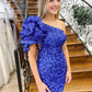 Royal Blue One Shoulder Puff Sleeve Sequins Sheath Homecoming Dress      S3514