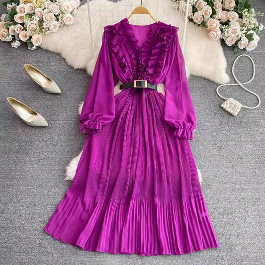 V-neck ruffled puff long-sleeved A-line pleated dress      S4301