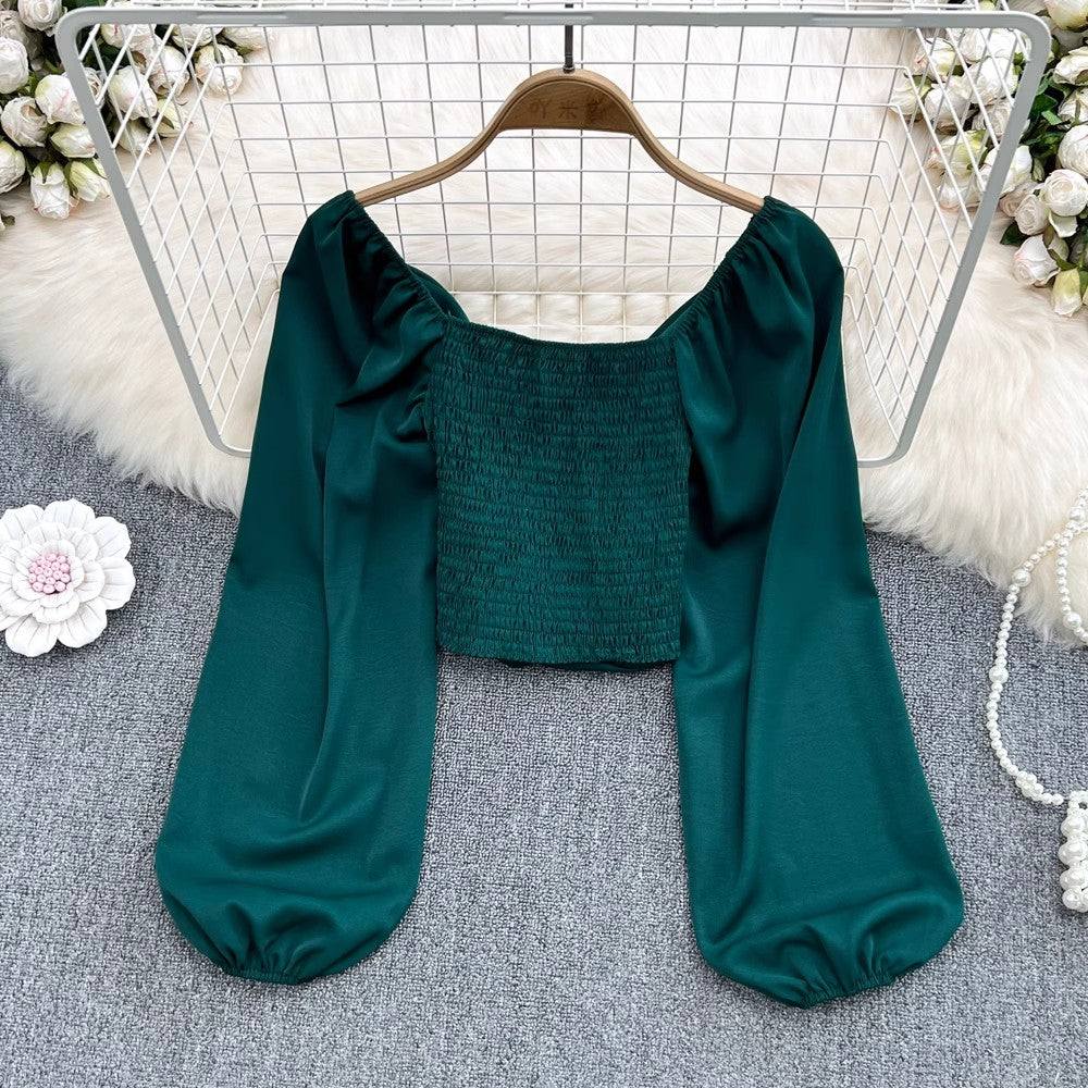 Fashionable V-neck pleated bubble long-sleeved shirt for women, fashionable and chic short top     S3962