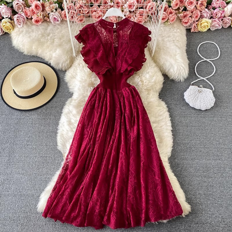 Lace Round Neck Dress, Long Sleeve Fashionable Elegant Ruffled Long Skirt      S3984