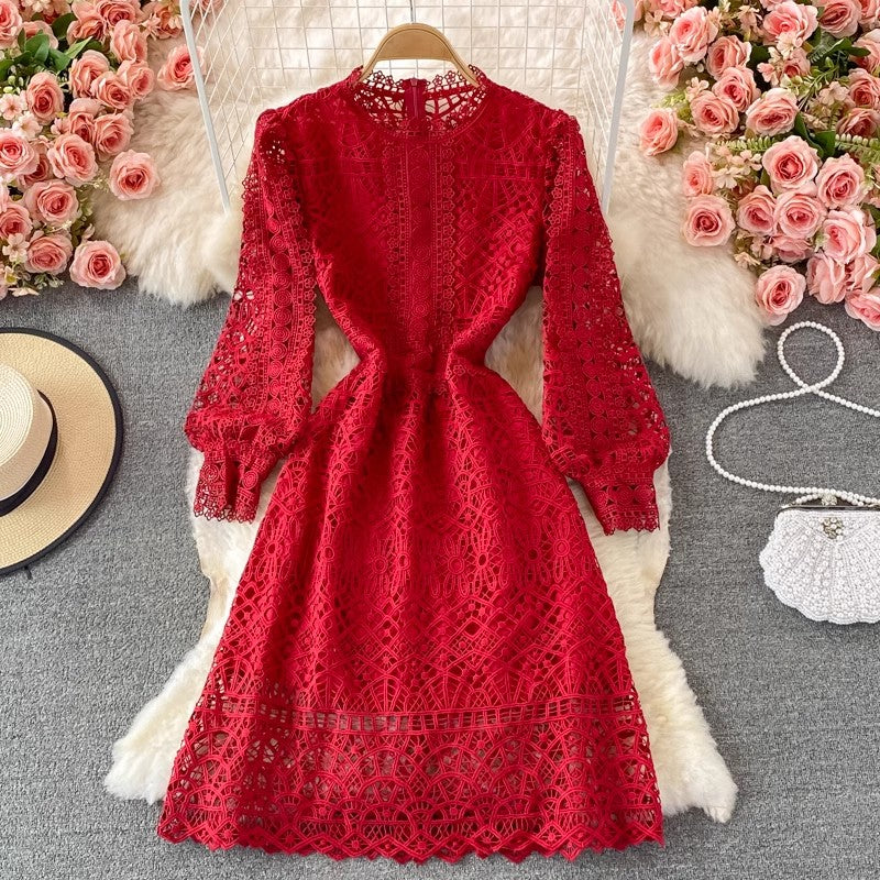 New style round neck puff sleeve lace dress     S3887