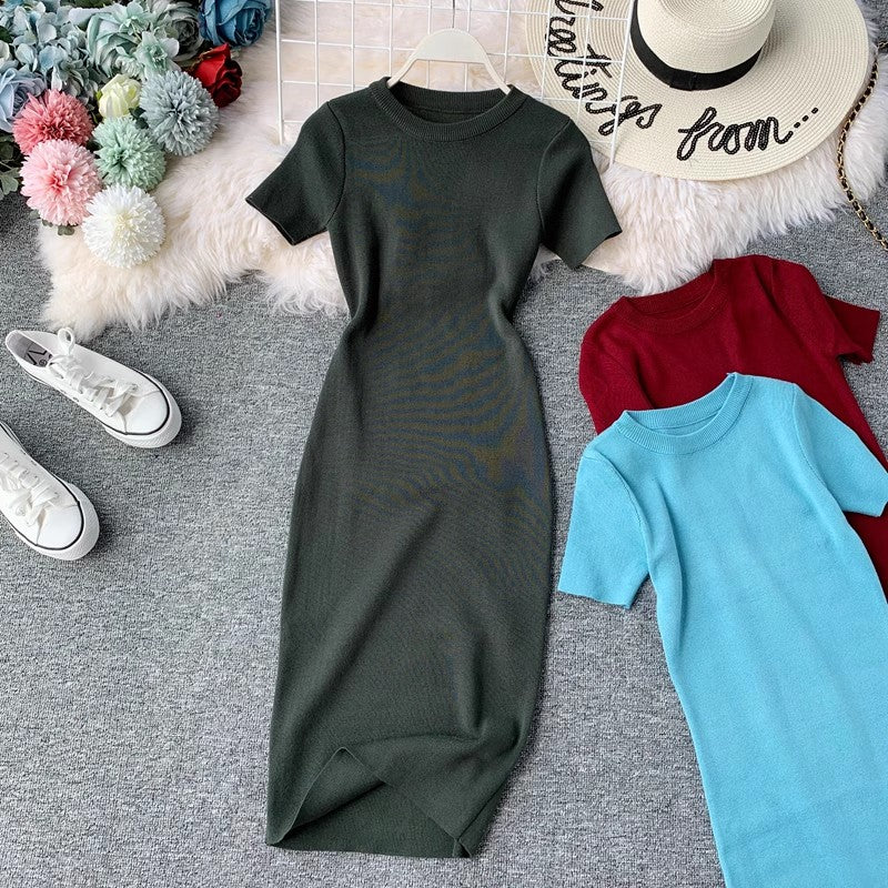 Short-sleeved solid color round neck elastic knitted tight skirt dress mid-length     S3947