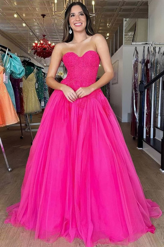 Hot Pink Tulle Sweetheart Appliques Prom Dress       S3491