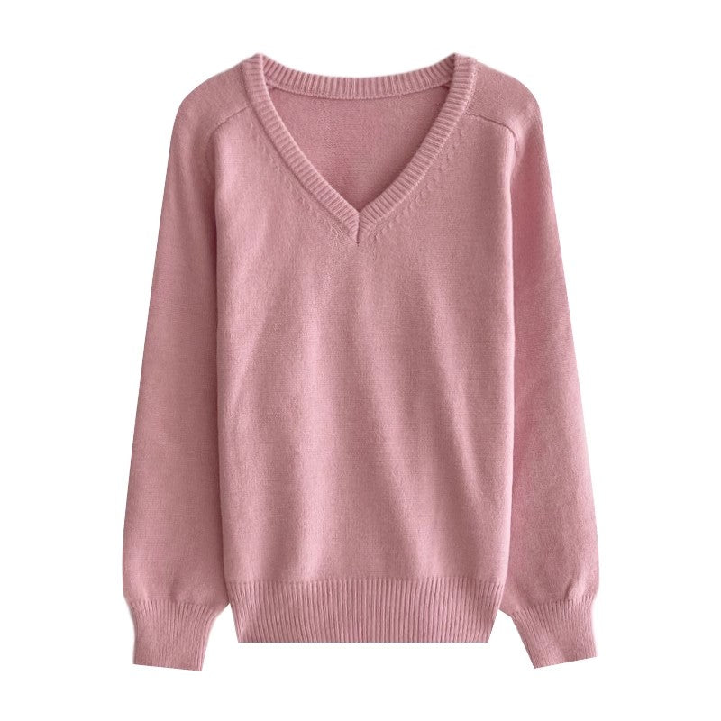 solid color V-neck long-sleeved sweater    S4742