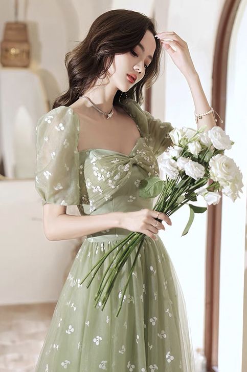 Lovely cherry pattern long prom dress green evening dress       S3689