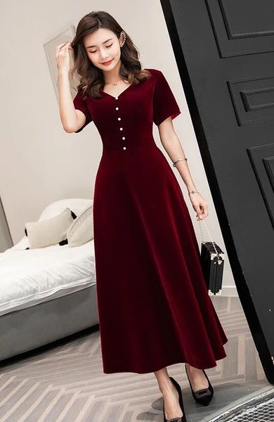 Wine Red Tea Length Short Sleeves Vintage Style Party Dress, Velvet Bridesmaid Dress   S3248